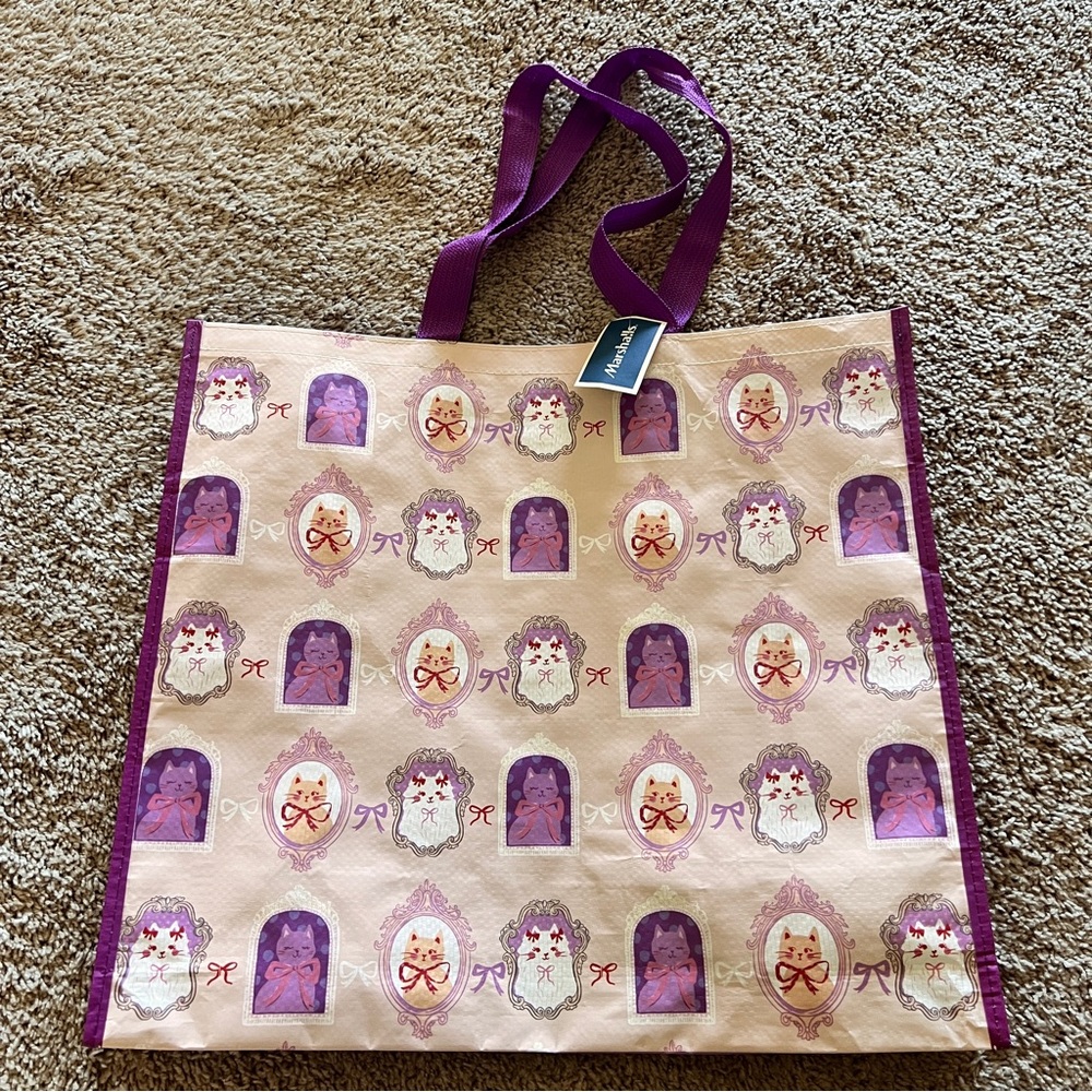 NEW Marshall’s Shopping ReusableBag Large Cats With Bows Design Purple White